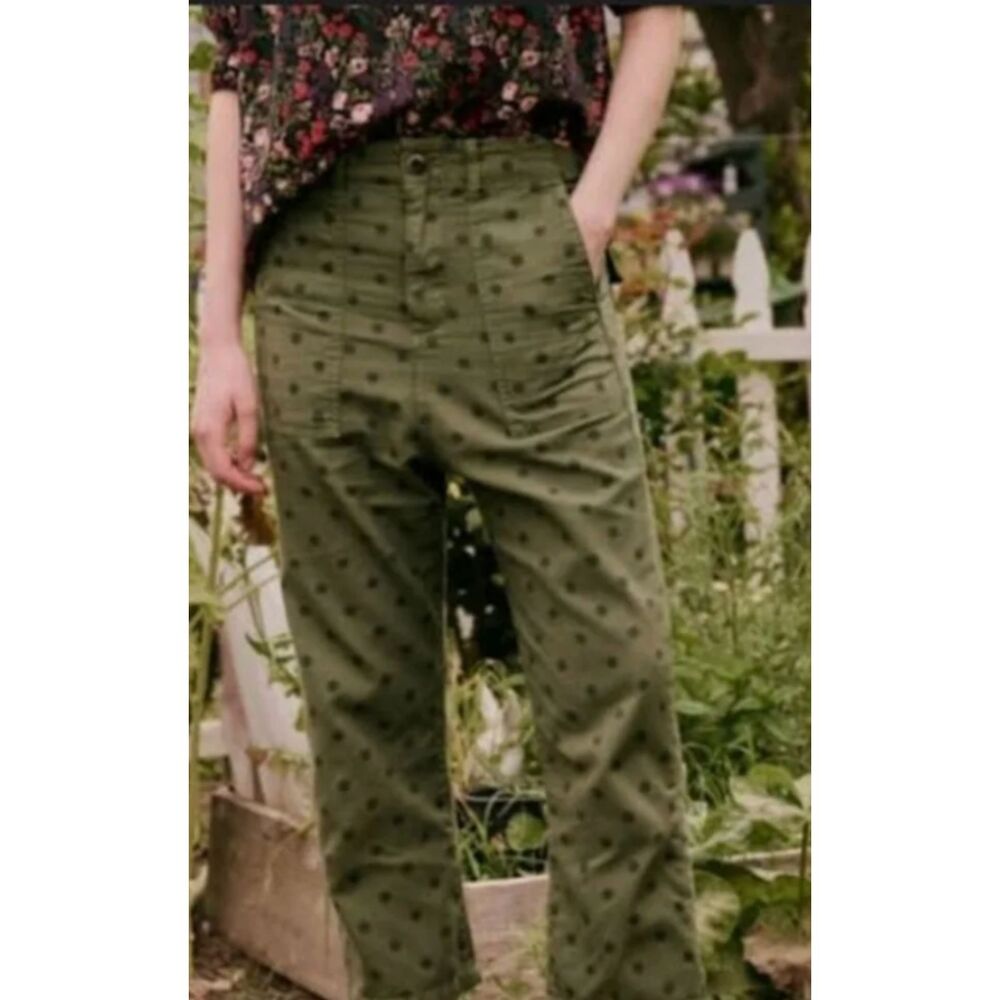 THE GREAT. The Ranger Pants Army Green Black Polka Dot Size 26 NWT